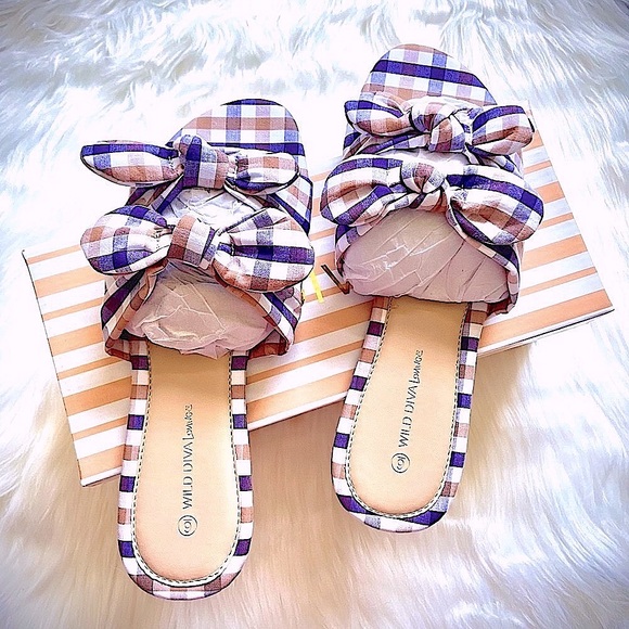 ✌🏼 #244 Cute Double Bow Gingham Plaid Sandals - Picture 6 of 14